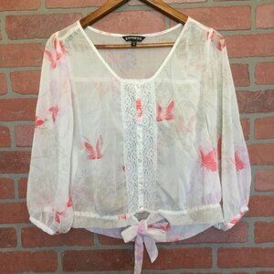 Express Women’s Sheer Top Butterflies Print Lace Detail Size XS Coastal Feminine